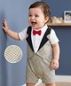 Mark & Mia Cotton Knit Half Sleeves Party Romper With Attached Checks Waistcoat & Bow - Multicolor