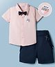 Mark & Mia Cotton Woven Half Sleeves Solid Color Party Shirt & Shorts Set with Bow & Suspender - Multicolor