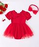 Mark & Mia Half Sleeves Solid Colour Frock Style Onesie with Bow Applique & Headband - Red