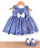 Bluebell Satin Woven Sleeveless Solid Shimmered Party Dress with Booties Pearl Detailing & Bow Applique - Blue