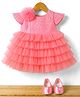 Bluebell Net Woven Cap Sleeves Tired Dress with Floral Applique & Booties - Pink