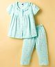 Teddy Sinker Knit Half Sleeves Floral Printed Top & Pyjama Co-Ord Night Suit - Light Blue