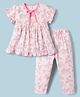 ToffyHouse Single Jersey Knit Half Sleeves Floral Printed Co-Ord Top & Pyjama Night Suit - Baby Pink