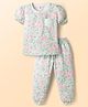 ToffyHouse Single Jersey Knit Half Sleeves Co-Ord T-Shirt & Pyjama Night Suit With Floral Print - Offwhite
