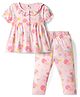 ToffyHouse Single Jersey Knit Half Sleeves Co-Ord Top & Pyjama Night-Suit With Floral Print - Pink