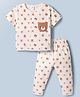 ToffyHouse Single Jersey Knit Half Sleeves T-Shirt & Pyjama Co-ord Night Suit With Teddy Bear Print - Off White