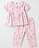 ToffyHouse Single Jersey Knit Half Sleeves Co-Ords Floral Printed Top & Pyjama Night Suit - Pink