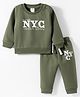 Simply Fleece Knit Full Sleeves Winter Wear T-Shirt & Lounge Pant Set With NYC Print - Green