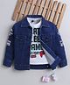 Ministitch Denim Woven Full Sleeves Typo Printed Jacket With Tshirt- Darkblue