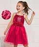 Hola Bonita Knit Sleeveless Glitter Mesh Party Dress With Sequin Detailing & Floral Corsage - Fuchsia