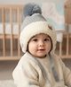Ziory Wool Knit Bear Patch Detailed & Pom Pom Embellished Beanie With Tie Knot - Light Grey & Beige