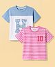 Honeyhap Cotton Knit Half Sleeves Bio Finished Striped Oversized T-Shirt With Floral Print & Patch Pack of 2 - Begonia Pink & Bright White