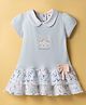 ToffyHouse Interlock Knit Half Sleeves Frock With Bunny Print & Bow Applique - Light Blue