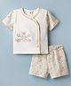 ToffyHouse Interlock Knit Half Sleeves Floral & Butterfly Embroidered Top & Shorts Set With Lace Detailing - Cream