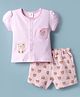 ToffyHouse Interlock Knit Half Sleeves Top & Shorts Set With Animal Print & Patch - Light Pink