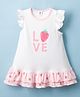 ToffyHouse Interlock Knit Frill Sleeves Polka Dots & Strawberry Printed A Line Frock with Bow Applique  - White & Pink