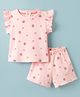ToffyHouse Interlock Knit Half Sleeves Top & Shorts Co-ord Set With Strawberry Print - Pink