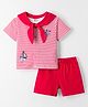 ToffyHouse Interlock Knit Half Sleeves Striped Top & Shorts Set with Nautical Theme Embroidery - Red