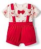 ToffyHouse Interlock Knit Dungaree & Half Sleeves T-Shirt With Bear Print & Applique - Red