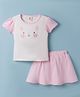 ToffyHouse Interlock Knit Half Sleeves Polka Dots Printed & Bunny Embroidered Top & Skirts Set - Light Pink