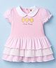 ToffyHouse Cotton Knit One Piece Dresses/Frocks Half Sleeves Peter Pan Collar Striped with Graphic Print PINK 0-1 Month