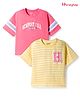 Honeyhap Premium 100% Cotton Knit Drop Shoulder Sleeves T-Shirt With Text Print Pack of 2 - Pale Banana & Pink Lemonade