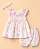 Toffyhouse Interlock Knit Sleeveless Floral Printed Frock With Bloomer Set & Headband & Bow Applique - Pink