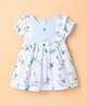 ToffyHouse Interlock Knit Half Sleeves One Piece Dress with Floral Print & Bow Applique - Blue