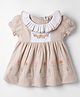 ToffyHouse Interlock Knit Half Sleeves Frock with Floral Embroidery - Tan