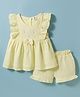ToffyHouse Muslin Knit Frill Sleeves Top & Shorts Set with Floral Embroidery & Bow Applique - Lemon