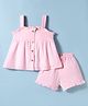 ToffyHouse Muslin Knit Sleeveless Solid Color Top & Shorts Set with Frill Detailing - Pink