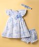 ToffyHouse Cotton Knit Frill Sleeves Floral Printed Frock with Bloomer Headband & Bow Applique - Light Blue