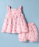 ToffyHouse Muslin Knit Frill Sleeves Co-ord Top & Shorts Set with Floral Print & Bow Applique - Pink