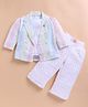 KIDZELLO Cotton Knit Full Sleeves Striped Floral Applique Detailed Jacket With Top & Pants Set - Peach