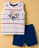 Zero Knitted Sleeveless T-Shirt & Shorts Set with Airplane Print & Stripes - Navy Blue & White