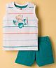 Zero Knitted Sleeveless T-Shirt & Shorts Set with Airplane Print & Stripes - Turquoise & White