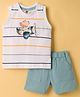 Zero Knitted Sleeveless T-Shirt & Shorts Set with Airplane Print & Stripes - Aqua Blue & White