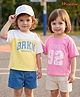 Honeyhap Premium Cotton Knit Half-Sleeves Oversized T-Shirts With Bio Finish & Text Print Pack of 2 - Begonia Pink Pale Banana & Bright White