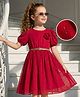 Hola Bonita Woven Half Sleeve  Solid Dobby Georgette Fabric Dress With Floral Applique & Belt- Maroon