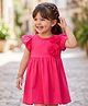 Babyoye Cotton Half Sleeves Solid Colour Frock with Floral Applique - Dark Pink