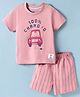 Zero Knit Half Sleeves T-Shirt & Shorts Set With Car Print - Peach