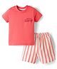 Zero Knitted Half Sleeves T-Shirt & Shorts Set with Supper Happy Print & Stripes - Light Red