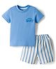 Zero Knitted Half Sleeves T-Shirt & Shorts Set with Supper Happy Print & Stripes - Light Blue