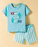 Zero Knit Half Sleeves T-Shirt & Shorts Set With Text Print - Aqua