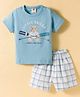 Zero Knitted Half Sleeves T-Shirt & Shorts Set with Sailing Print & Checks - Aqua Blue
