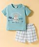 Zero Knitted Half Sleeves T-Shirt & Shorts Set with Sailing Print & Checks - Sea Green