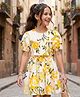 Pine Kids Poplin Woven Half Puffed Sleeves Floral Printed Frock - White & Yellow