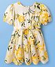 Pine Kids Poplin Woven Half Puffed Sleeves Floral Printed Frock - White & Yellow