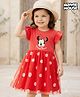 Babyhug Disney 100% Cotton Knit Half Frill Sleeves Frock With Minnie Mouse Graphics & Mesh Detailing - Red