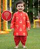 EARTHY TOUCH Cotton Knit Full Sleeves Kurta Dhoti Set with Floral Glitter Print - Red